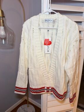 Wildfox Cream Cable Knit Cardigan with Red and Black Stripe Hem